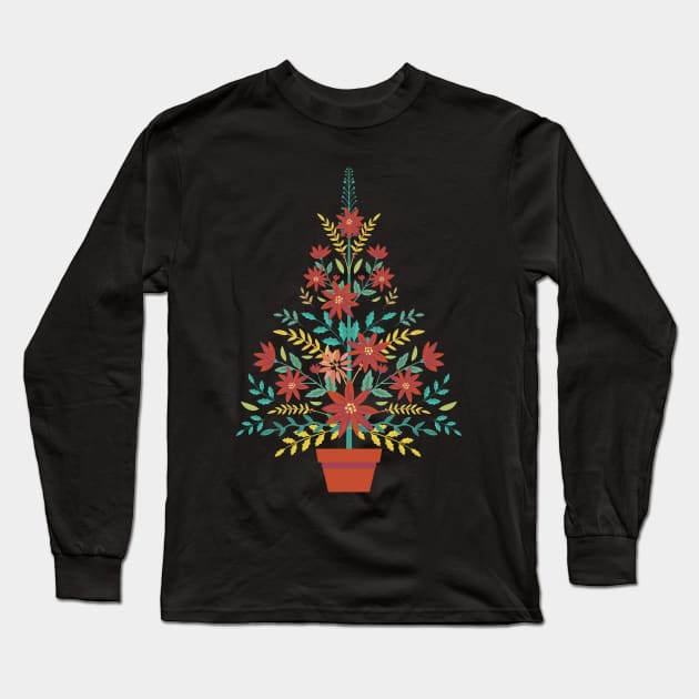 Folk Art Poinsettia Tree Long Sleeve T-Shirt by SWON Design